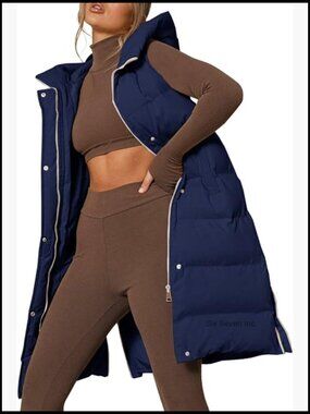 Women's Down Vest with Stand Collar Hooded Sleeveless Long Jacket